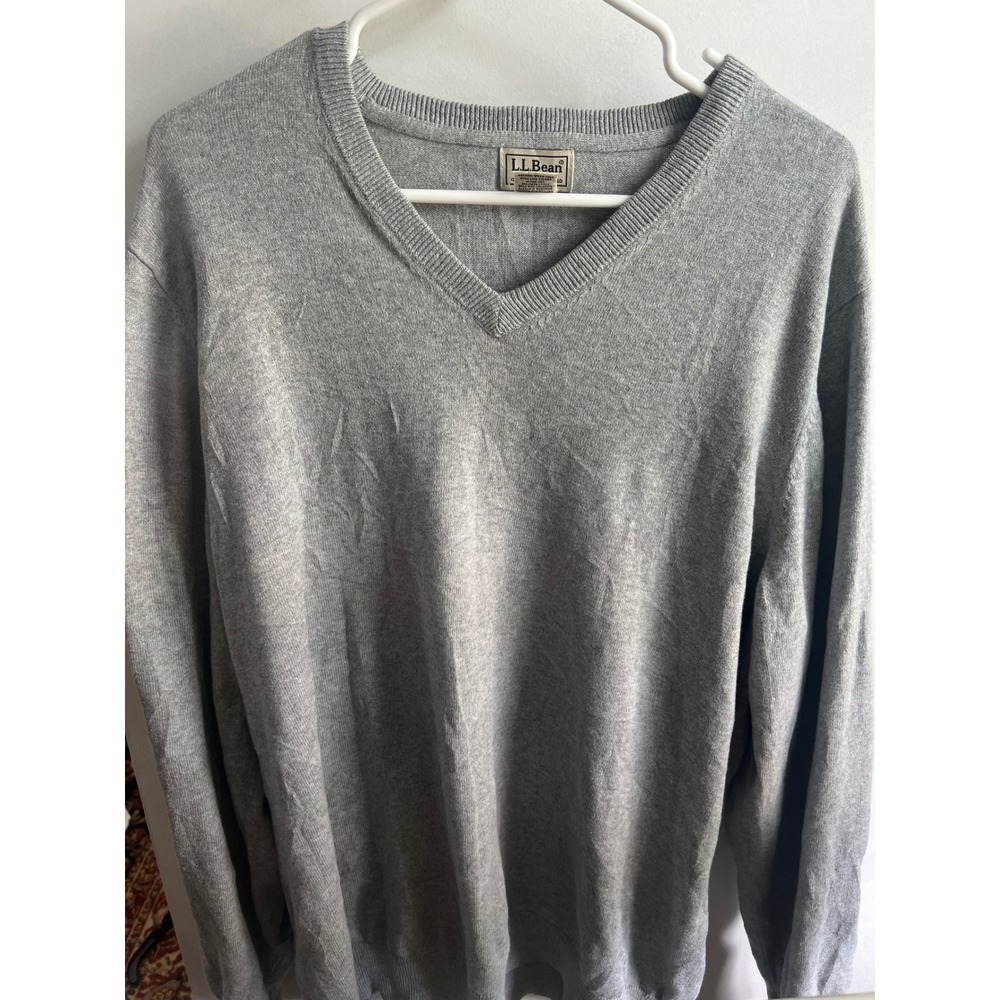 LL Bean Mens XL Gray Cotton Cashmere V-Neck Sweater Capsule Heather Gray Knit